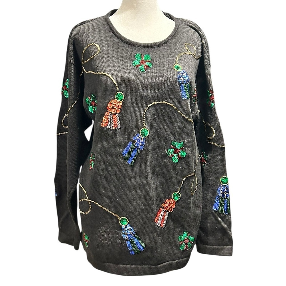 VIKI INTERNATIONAL Beads Sequins Ugly Christmas Long Black Sweater Sz M VGC